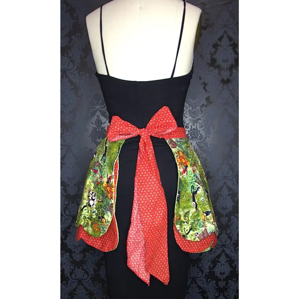 50s Pin Up Style Handmade Apron Red Polka Dot Jungle Theme Tie One Of A Kind